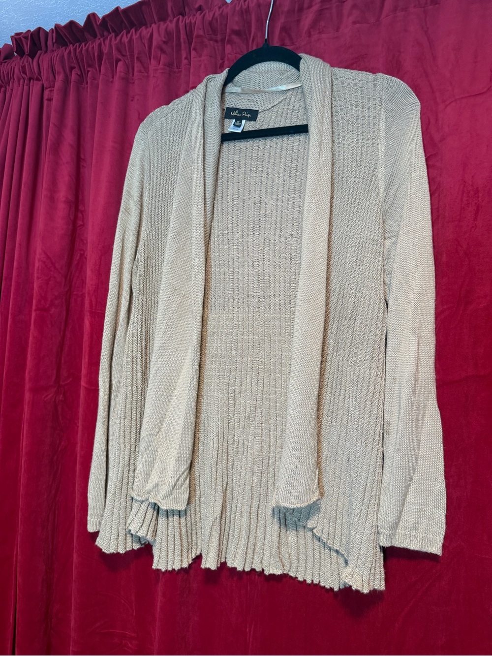 Melissa Paige Beige Open-Front Ribbed Cardigan Sweater